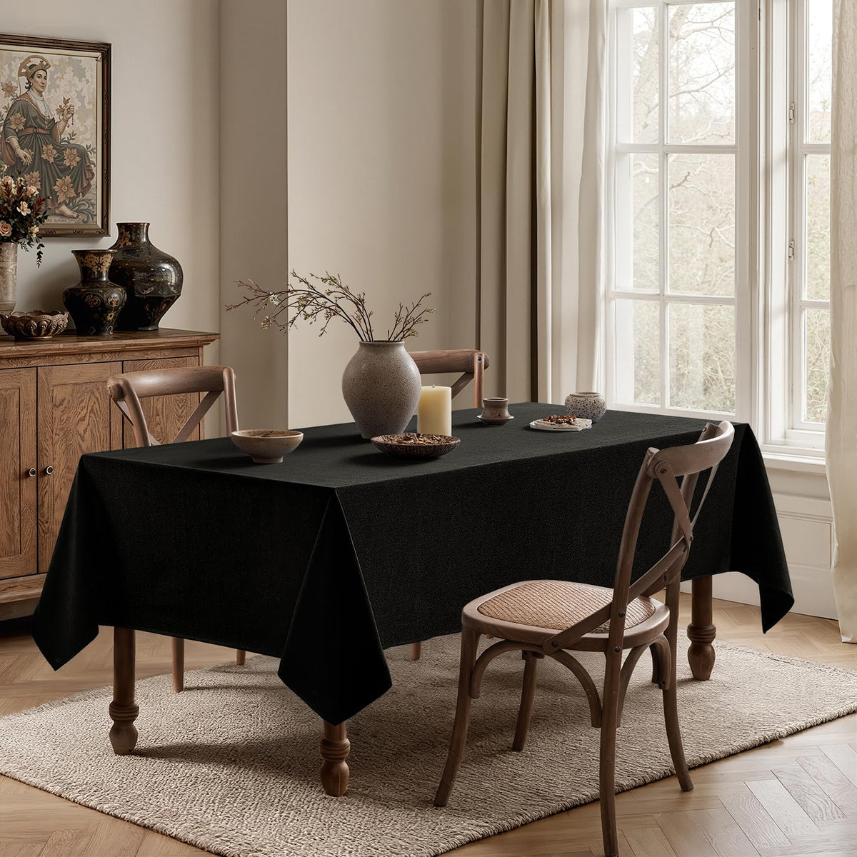 Linen Textured Rectangle Tablecloth 60 x 120 Inch Natural Black