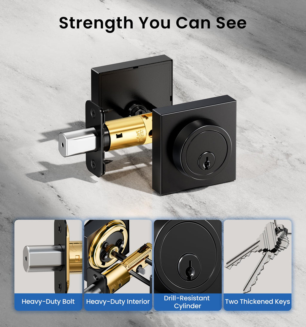 Modern Square Deadbolt, Matte Black Single Cylinder Door Lock ANSI 3
