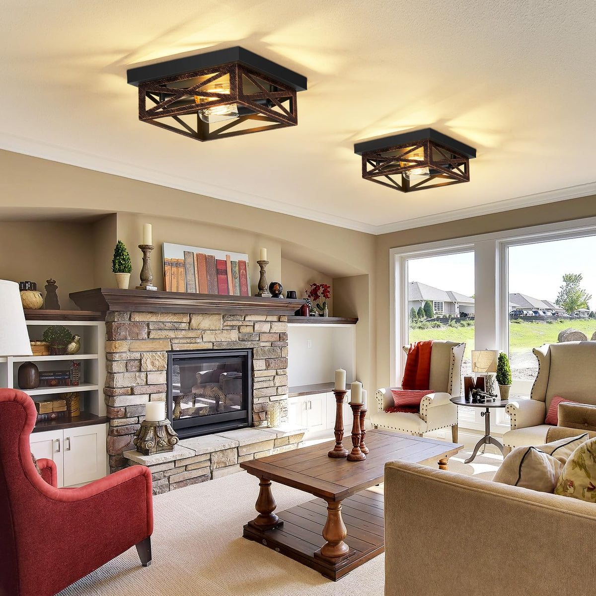 Flush Mount Ceiling Light, 2-Light Farmhouse Light Fixtures, Square Hallway Light Fixtures, Rustic Black Ceiling Light