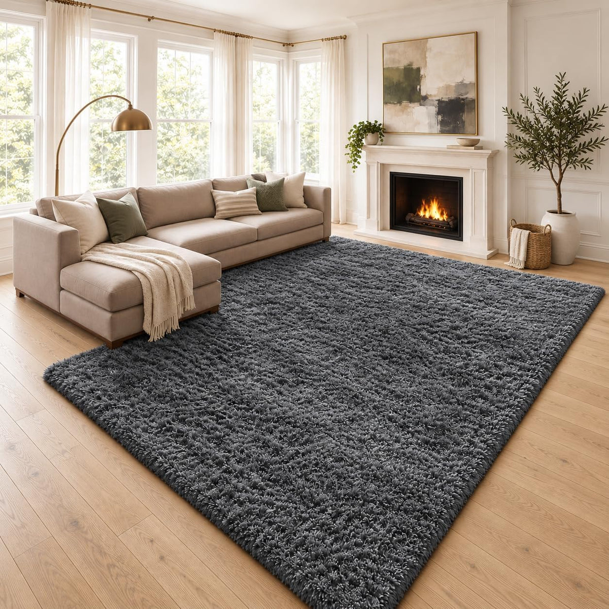 8x10 Grey Fluffy Shag Rug, Soft and Non-Slip for Large Bedrooms