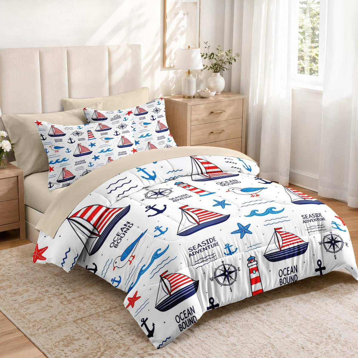 Comforter Set with Sheets, 7 Pieces Beach Ocean Bedding