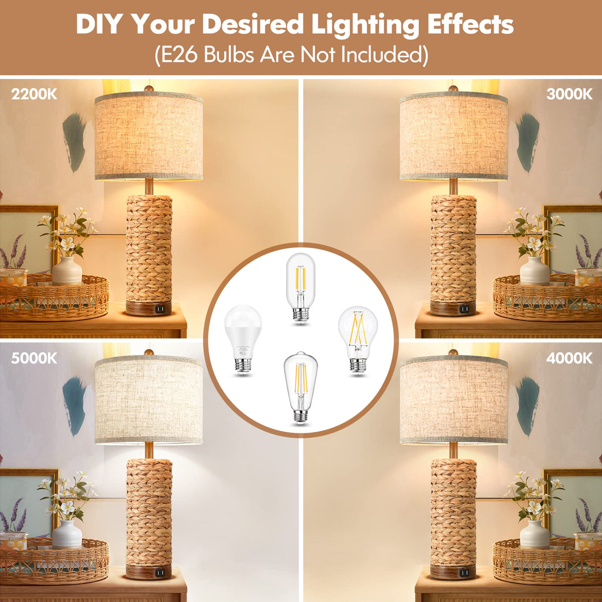 27Inch Tall Rattan Table Lamps Set of 2 with 2 USB Ports
