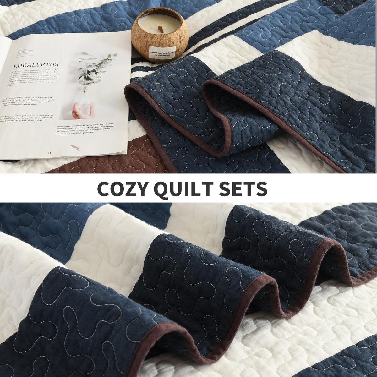 100% Cotton Quilt, Dark Blue and Brown Striped Quilt Set