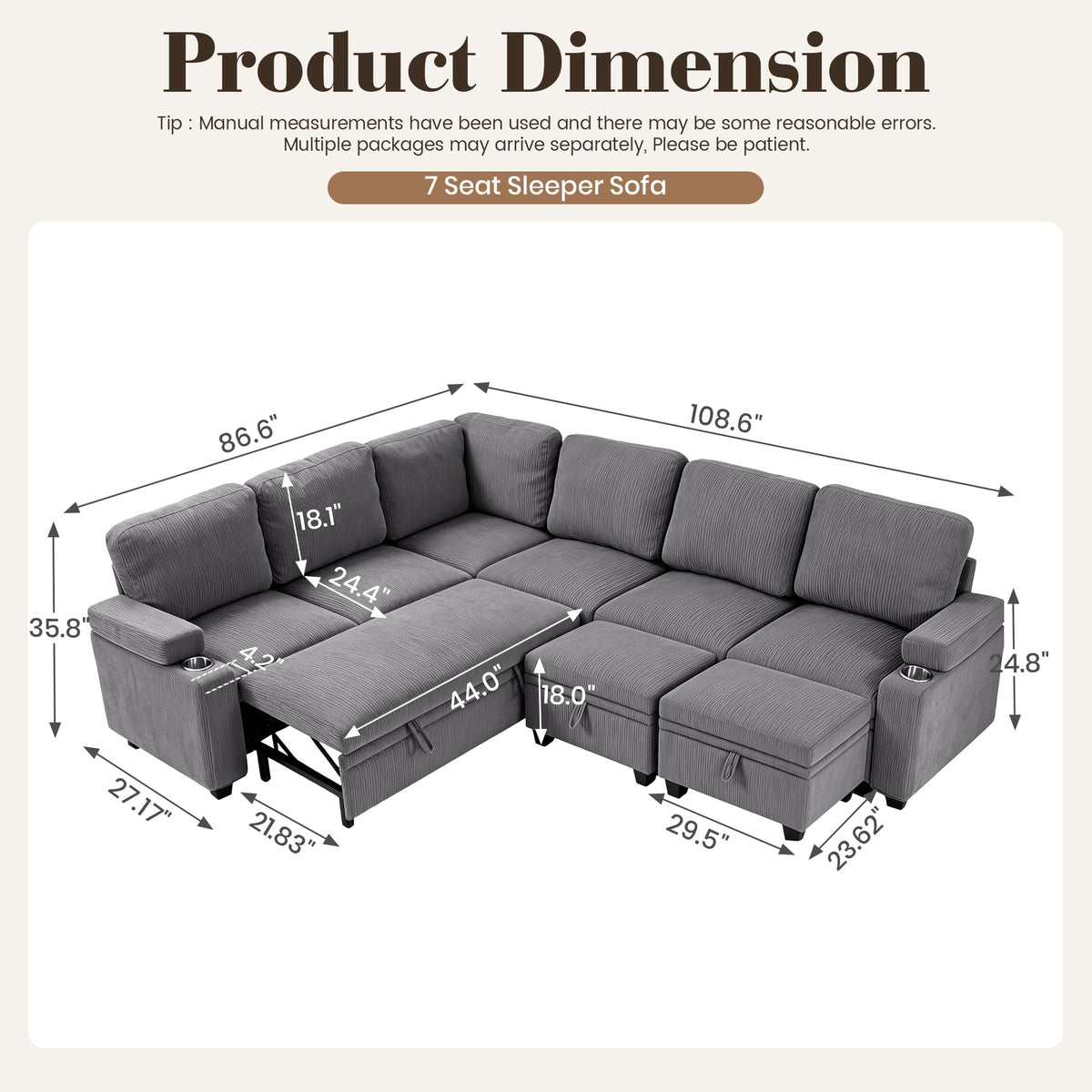 108" Modular Sectional Sofa Bed with Cup Holders, L-Shaped Pull Out Couch