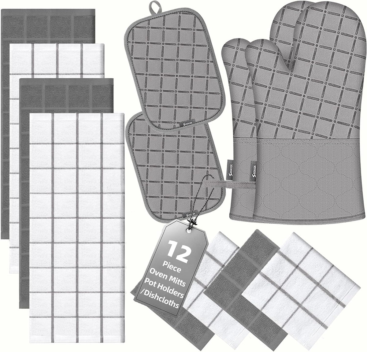 Oven Mitts Kitchen Towels and Dishcloths Pot Holders Sets, Oven Gloves Kitchen Dish Towels 500 Degree Heat Resistant