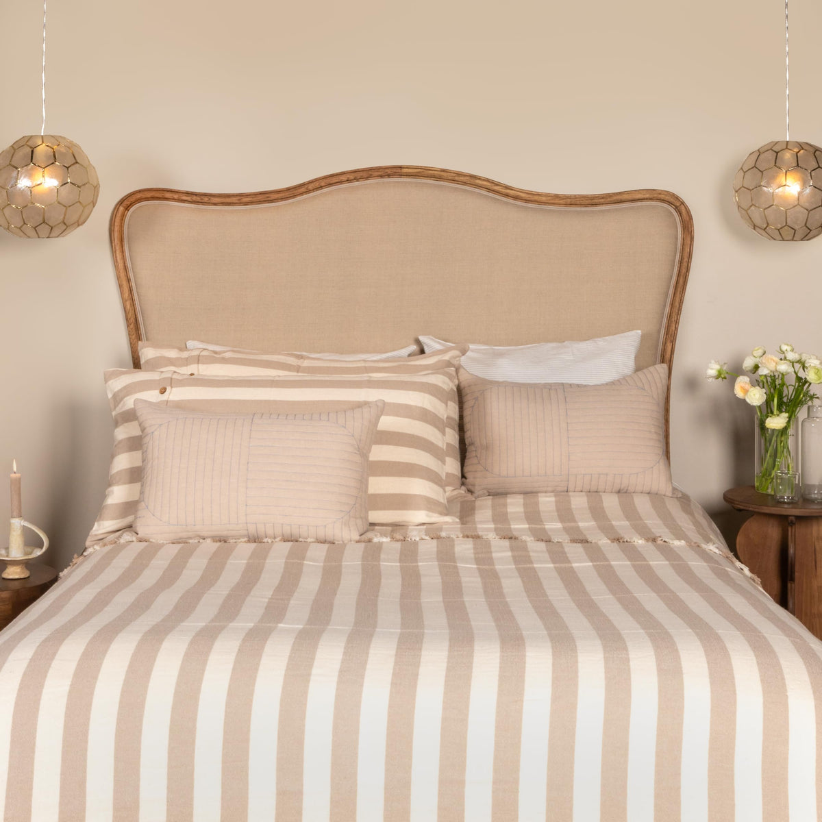 Modern Farmhouse Solid Oak Wood Headboard with Linen Upholstery, Natural and Beige