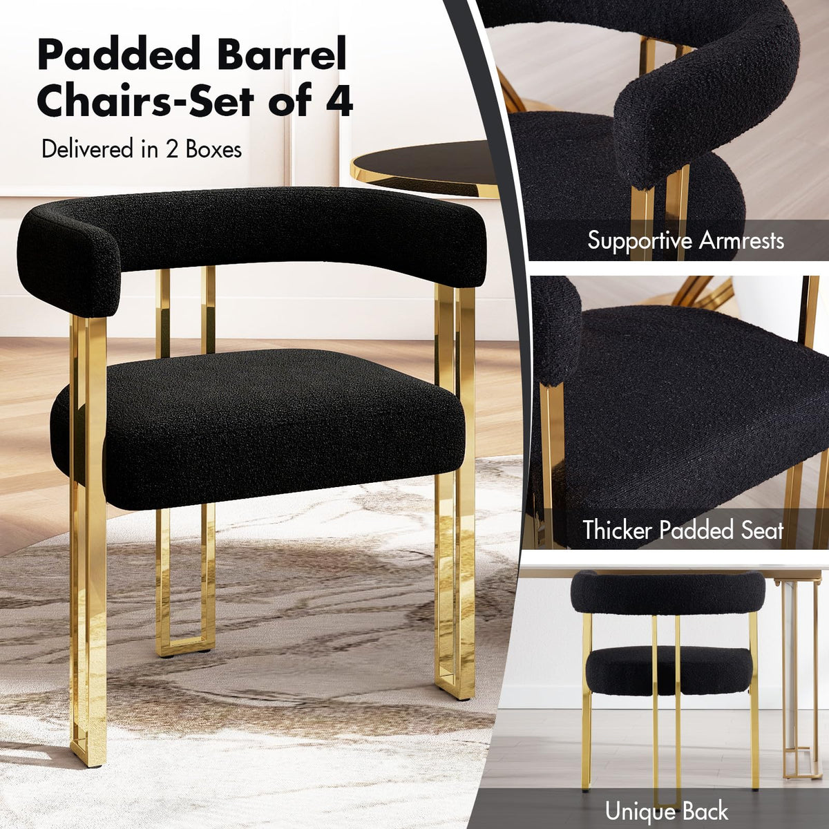 Set of 4 Modern Black Boucle Dining Chairs with Gold Metal Legs, Mid Century Accent Upholstered Barrel Armchairs with