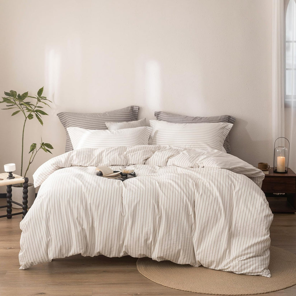 3Pcs Off White & Linen Grey Striped Duvet Cover Set