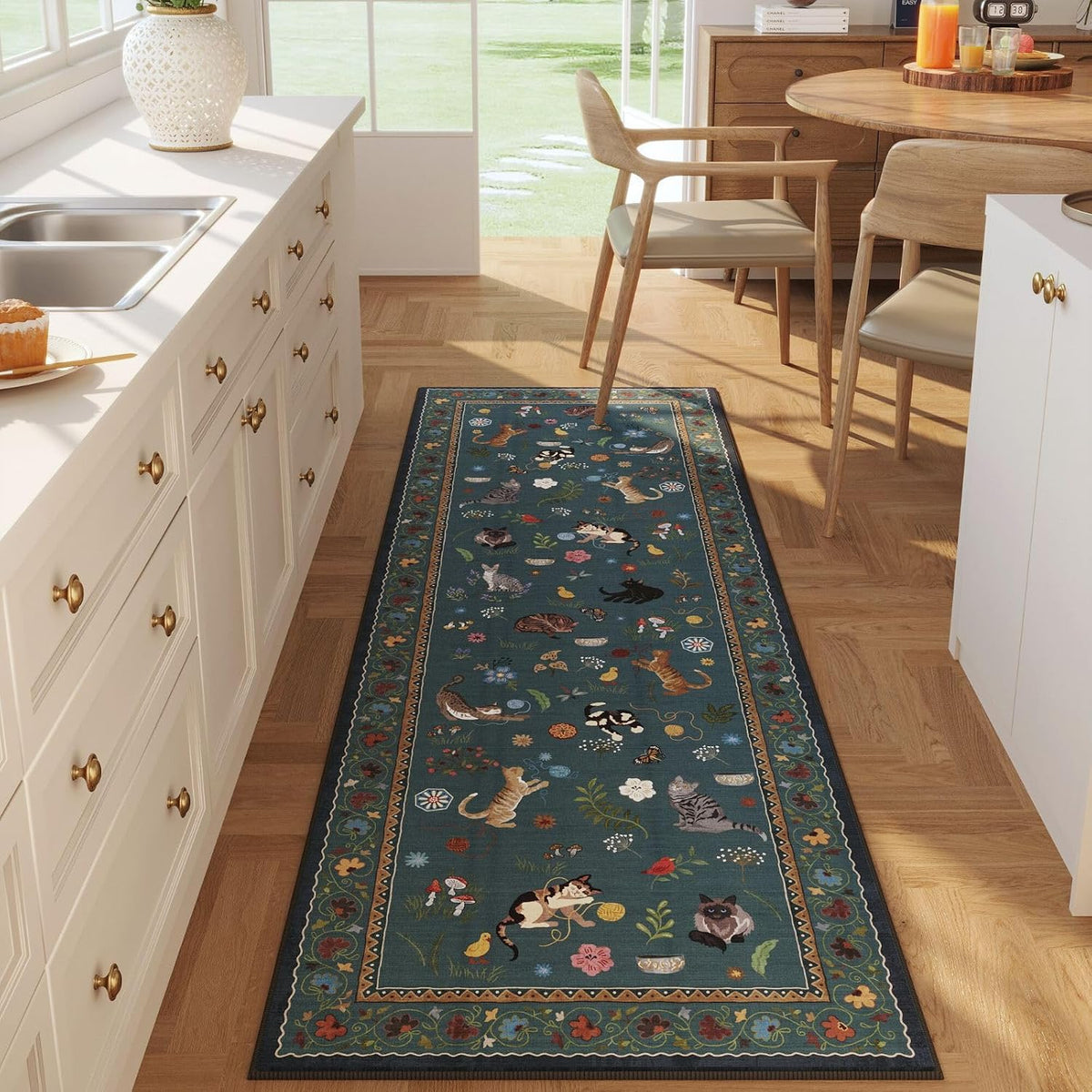 Runner Rug Washable Non Slip Floral Cat, Pearl Gentian Blue