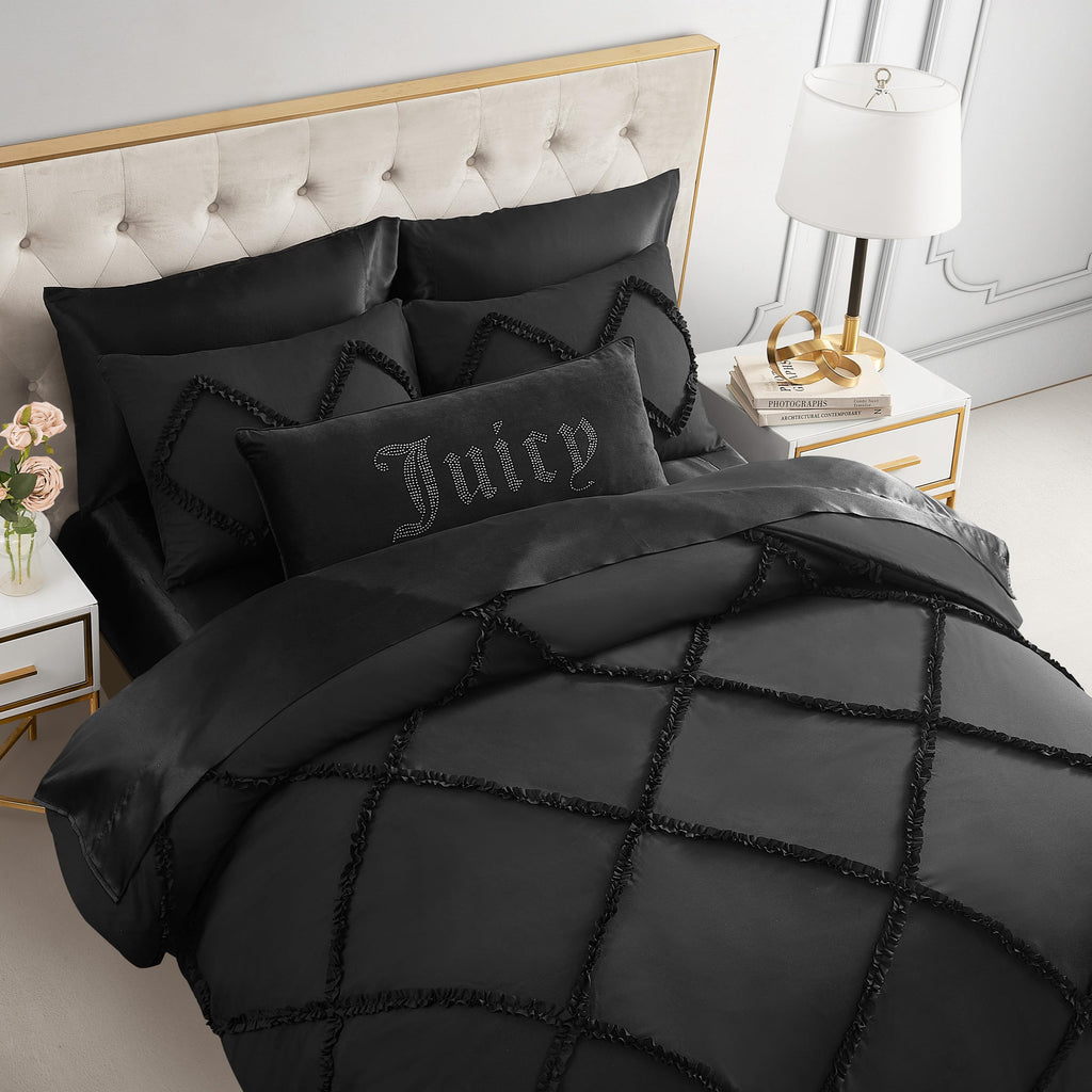 Diamond Comforter Set - Ruffle 2-Piece Machine Washable Reversible Bedding Comforter Set, Black