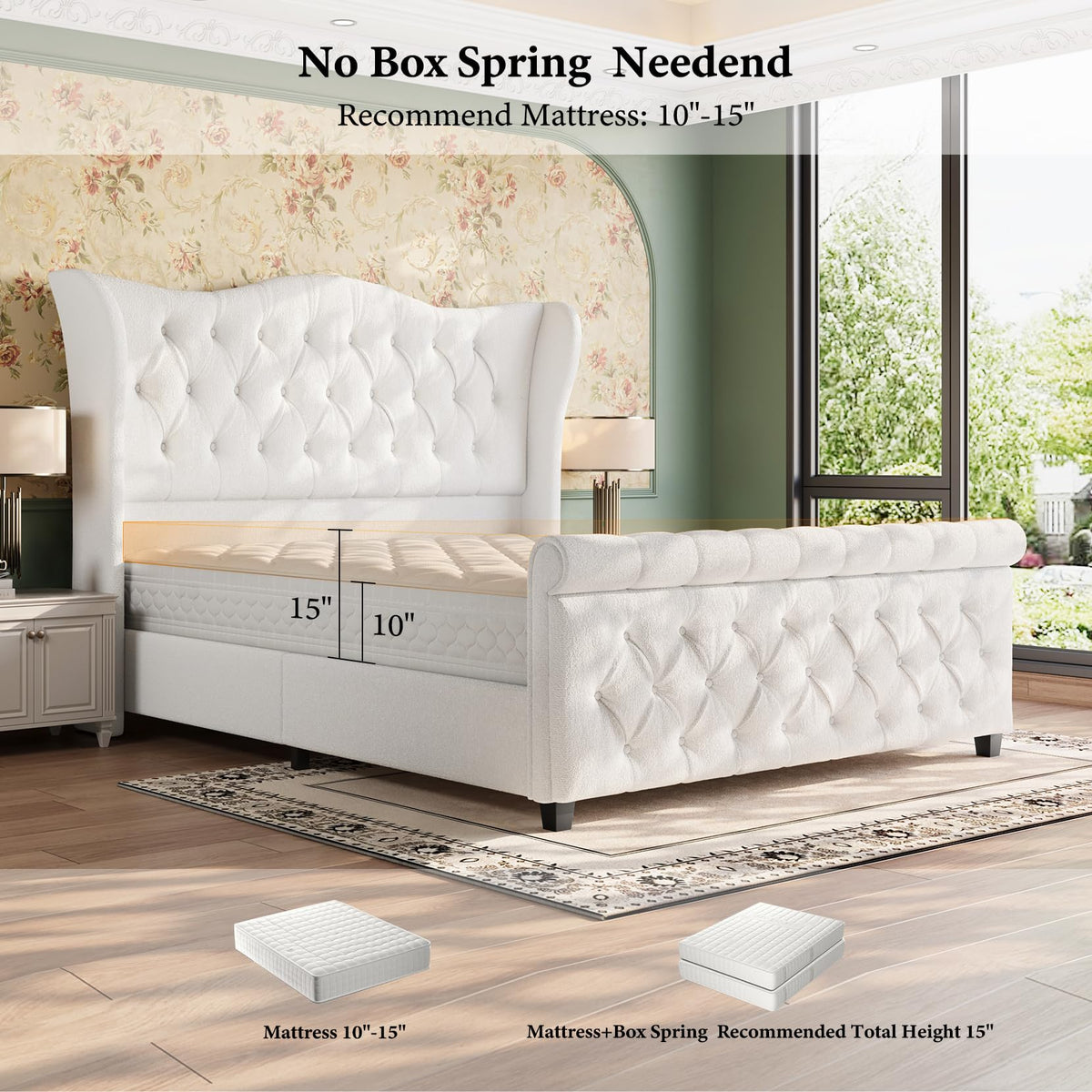 Bed Frame Upholstered Wingback Headboard Sleigh Footboard