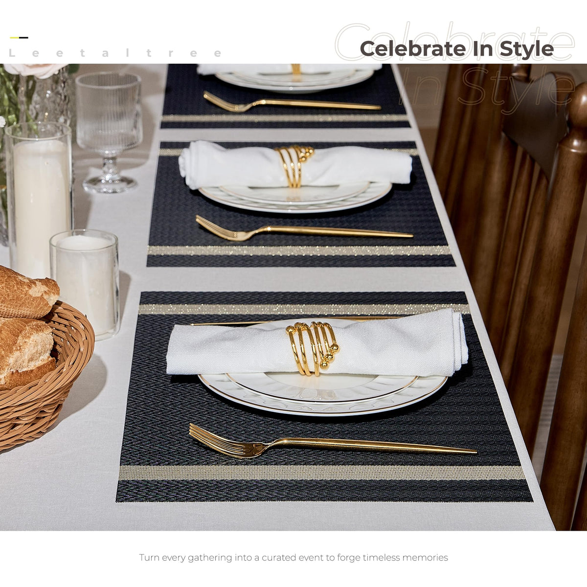 Woven Vinyl Placemats Set of 6,Black Striped