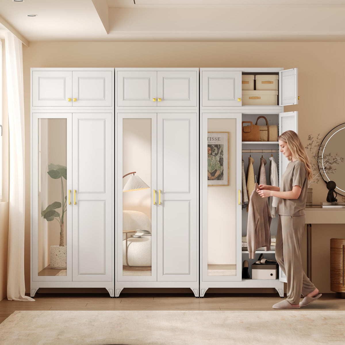 86" Wardrobe Closet, Metal Armoire Wardrobe Cabine with Mirror Door