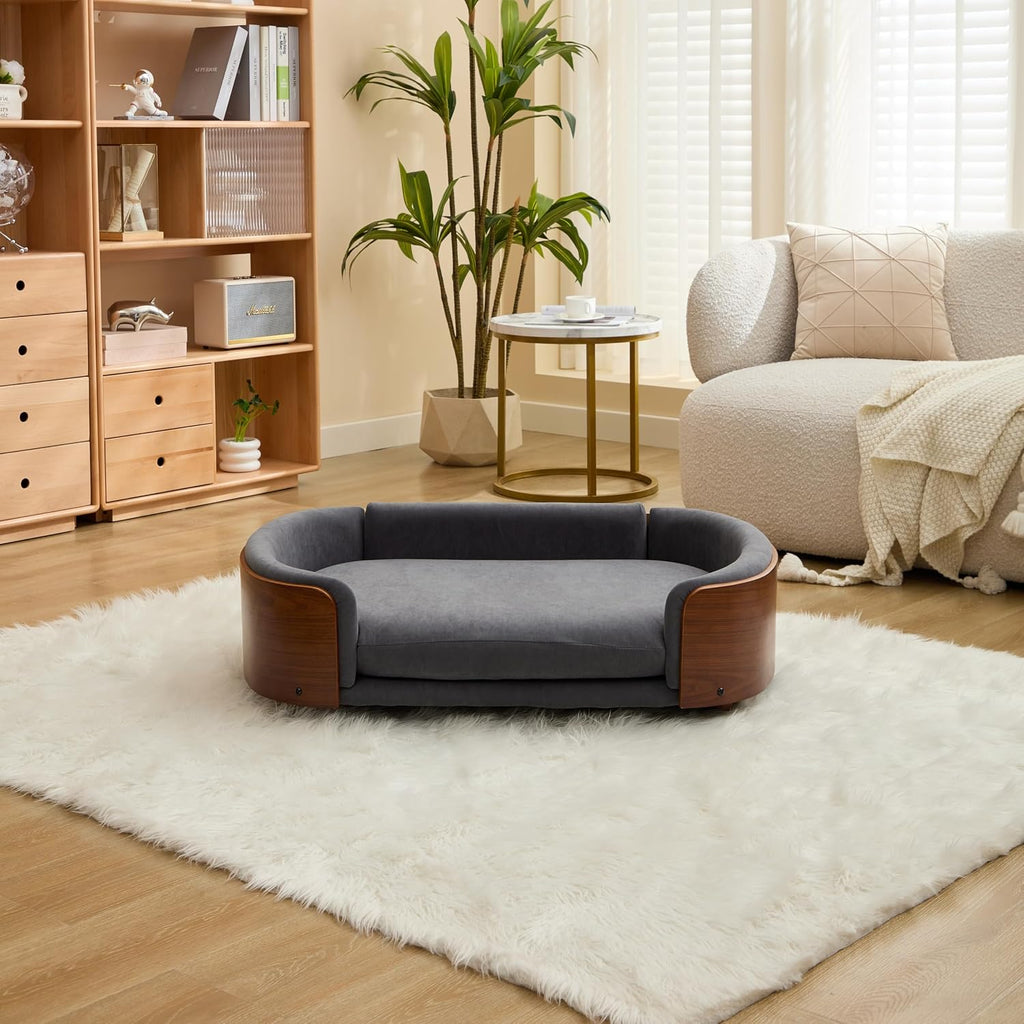 Scandinavian Style Elevated Dog Bed Pet Sofa with Solid Wood Legs and Bent Wood Back, Velvet Cushion, Large Size