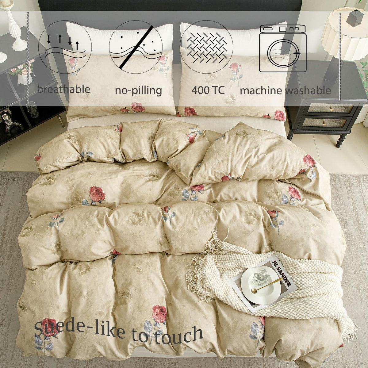 Floral Duvet Cover Set 100% Brushed Cotton Flannel-Like Cottage Farmhouse Bedding Brown Comforter Cover