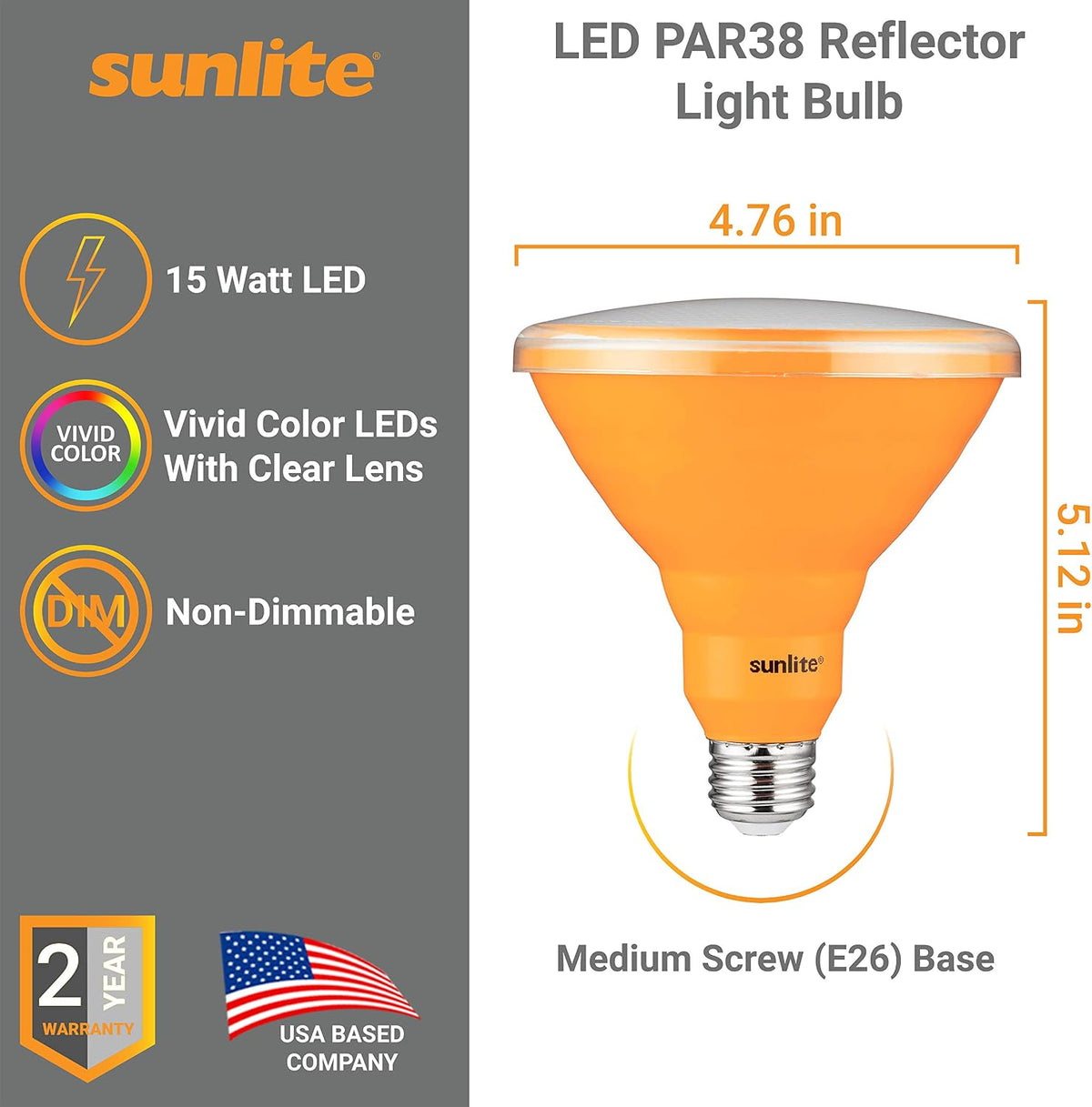 LED PAR38 Colored Recessed Light Bulb, 15 watt (75W Equivalent), Medium (E26) Base, Floodlight, ETL Listed, Amber, 3