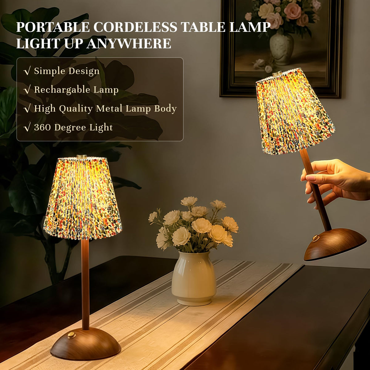 Small Vintage Cordless Table Lamp, Rechargeable Battery Operated Lamp with 3 Color Temperatures Stepless Dimming