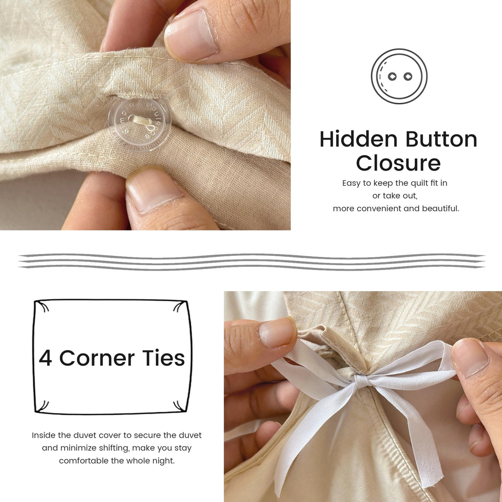 Queen Duvet Cover Set, Luxury French Linen Blend, 3-Piece Lightweight Bedding Set, Soft & Breathable, Herringbone