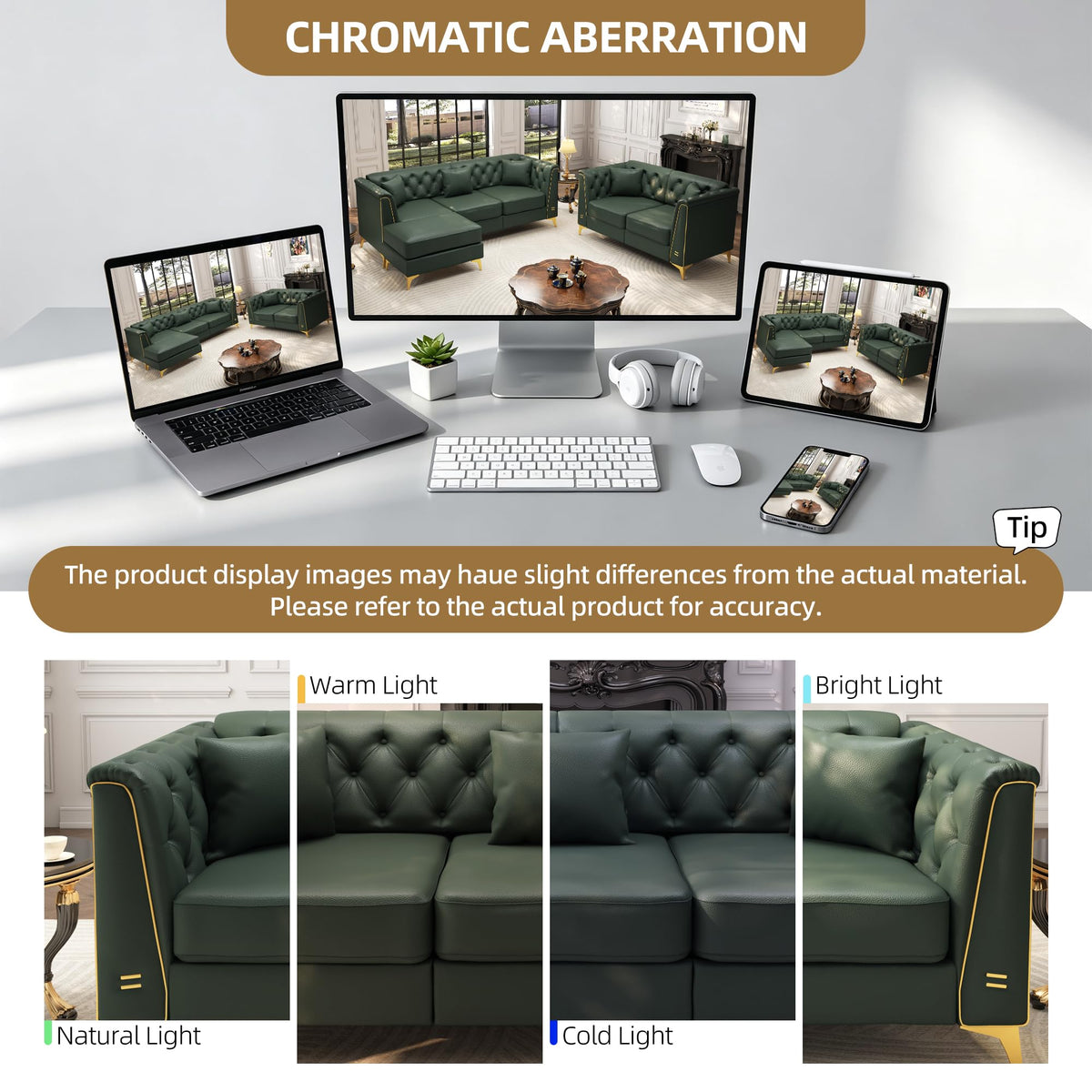 3-Piece Light Luxury Chesterfield Faux Leather Sofa Set (Green)