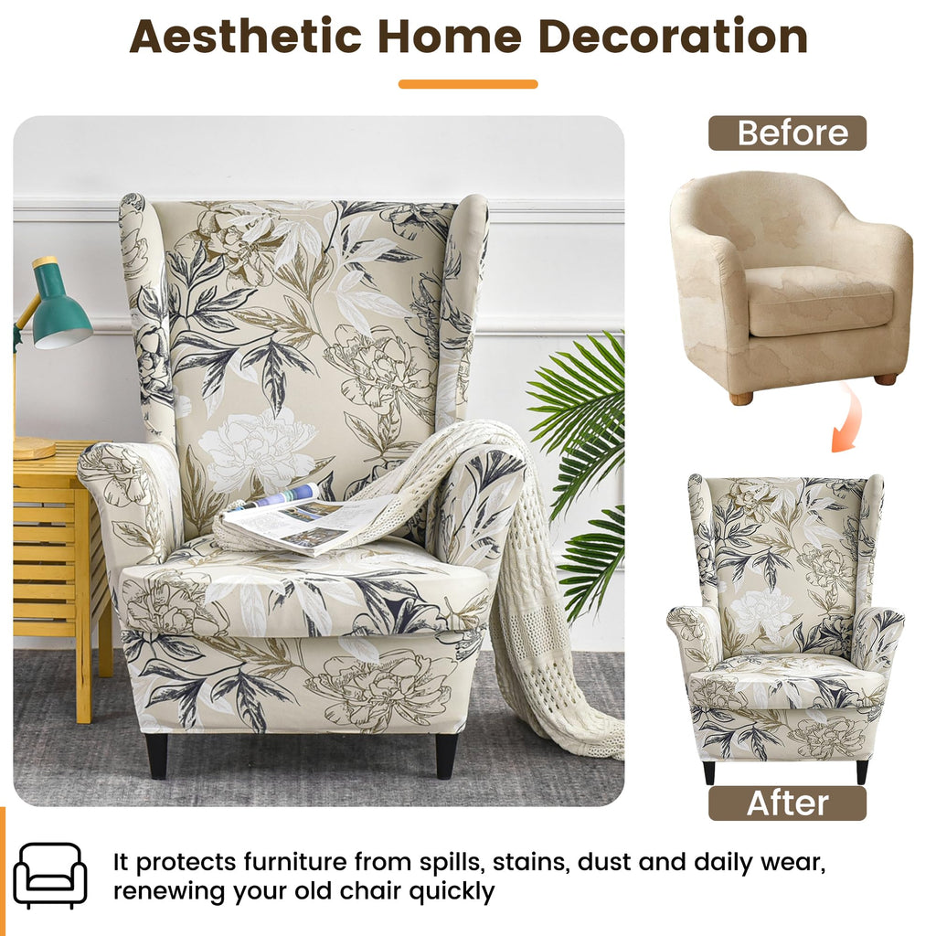 Printed Wingback Chair Cover 2 Pieces Stretch Spandex Slipcover Soft Washable Non-Slip Armchair Protector with