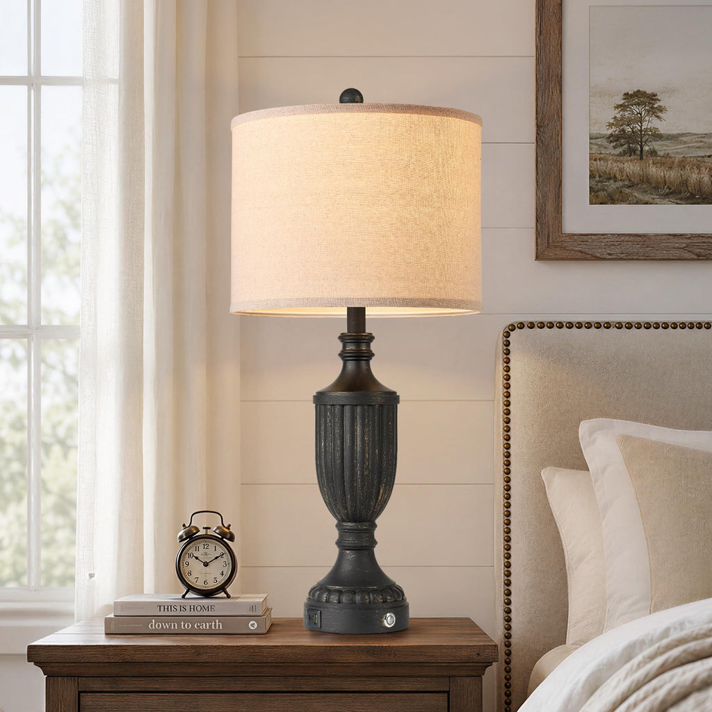 Black Farmhouse Lamps Set of 2, 27.5" Bedroom Lamps Set of 2 with USB Ports, Dimmable Rustic Bedside Lamps Nightstand