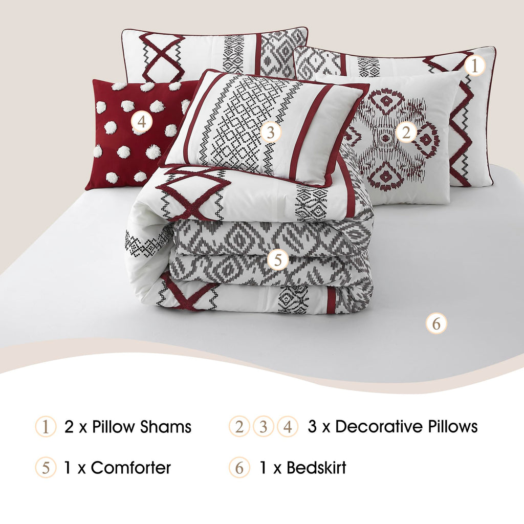 Luxury 7 Piece Cozy Comforter Set, White and Red, Embroidered Bedding Sets, Premium Microfiber, All Season