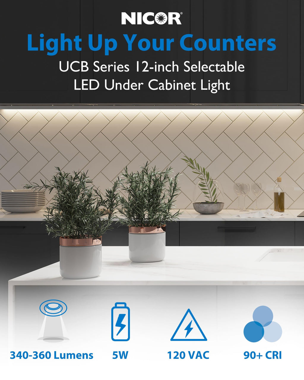 12" LED Direct Wire Under Cabinet Light - Dimmable Undercounter LED Lights - Selectable CCT 2700K-5000K, 340-360