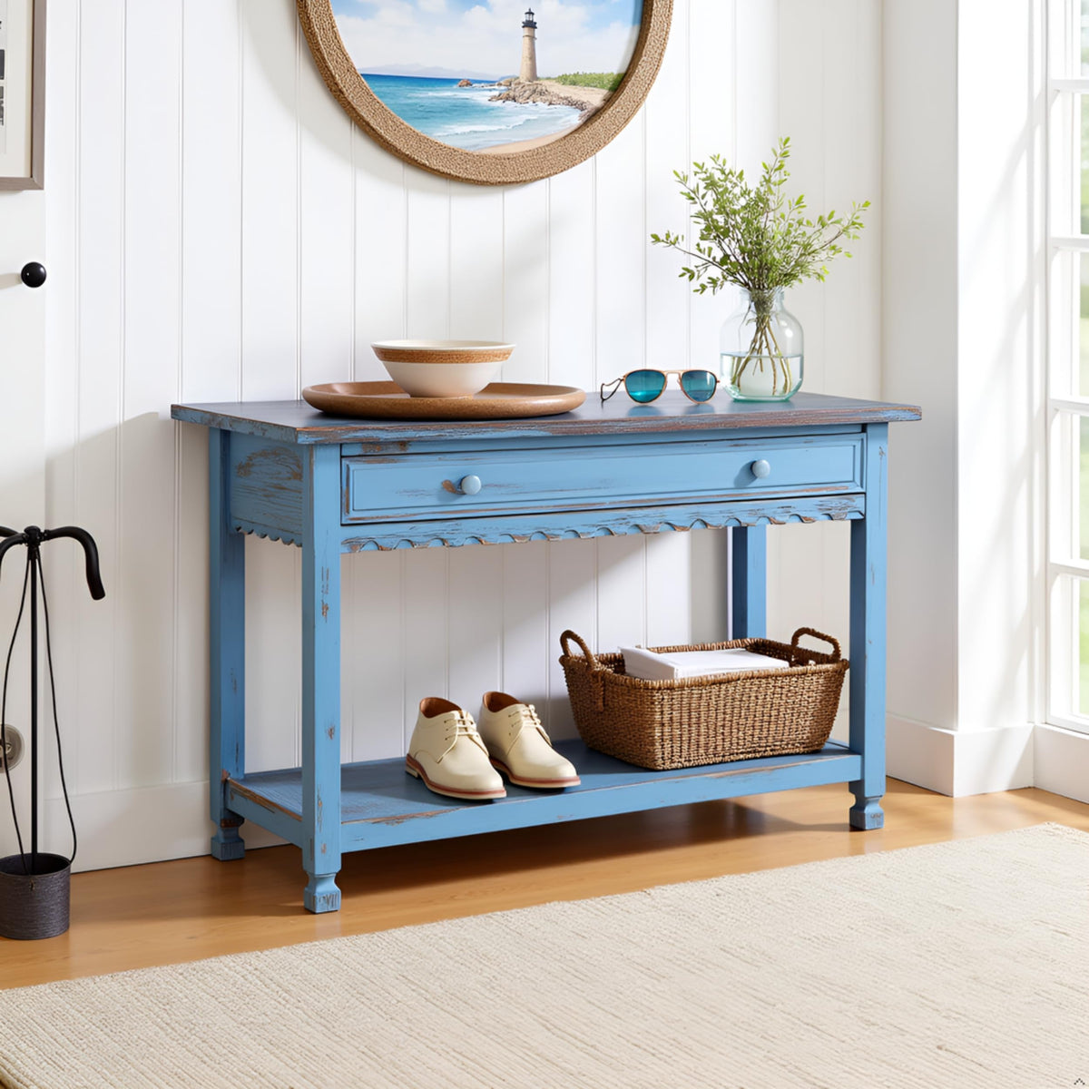 Country Cottage Console Table, Blue Antique, 42 Inch