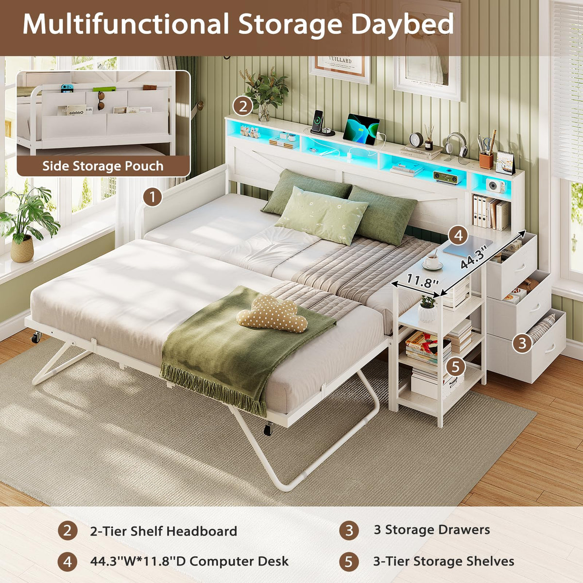 Daybed with Pop Up Trundle, Farmhouse Wooden Day Bed Frame with 3 Storage Drawers and Shelves, to