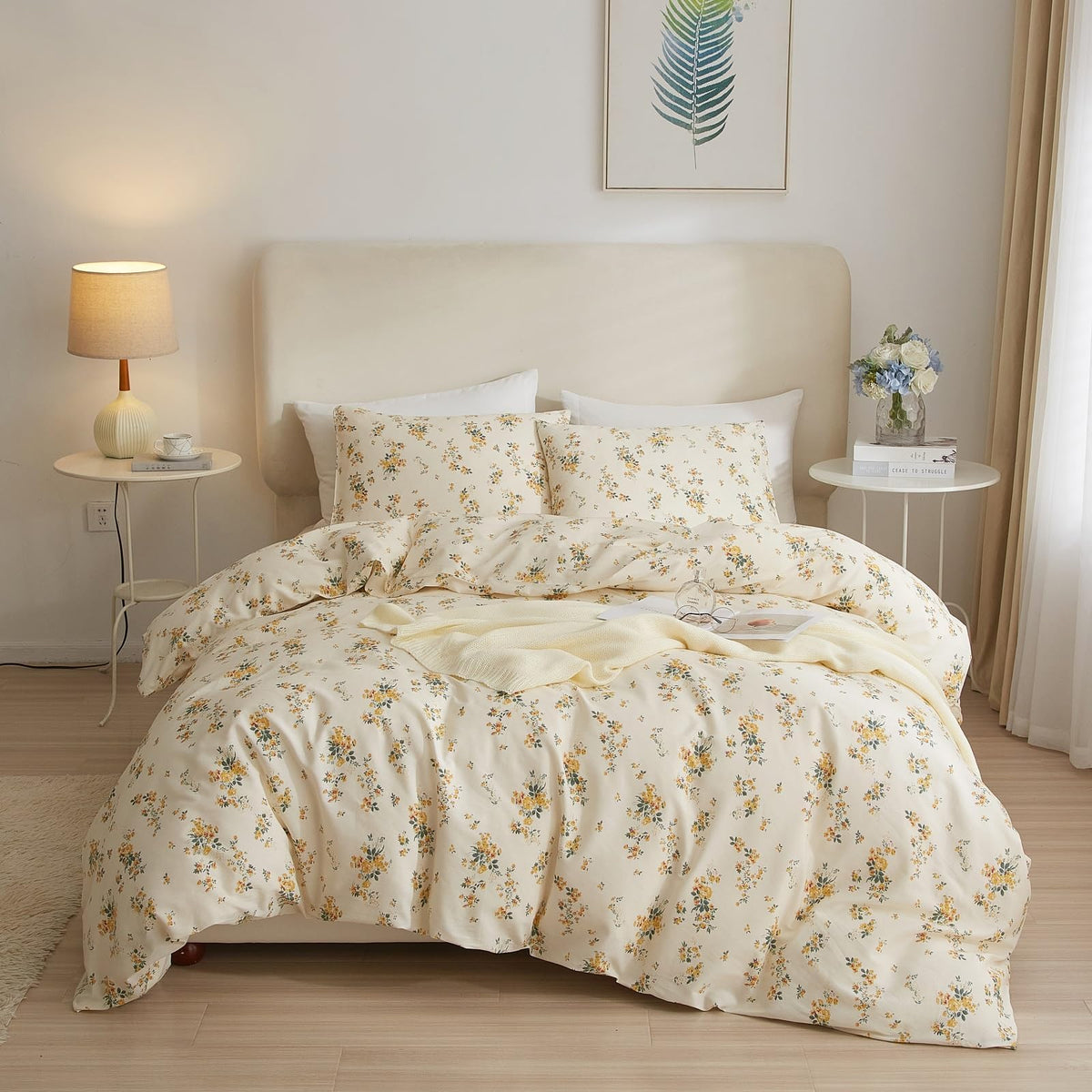 Vintage Yellow Floral Comforter Set King Garden Style Aesthetic Flower Comforter for King Bed Fluffy Lightweight Chic