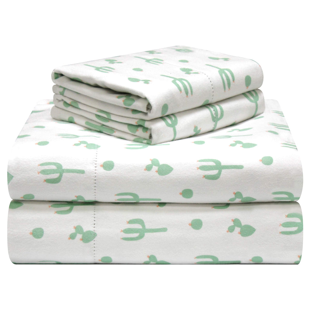180 GSM Velvet Feel Luxury 100% Cotton Printed Flannel Sheet Set, Cactus - Warm & Cozy - Pre-Shrunk -Deep