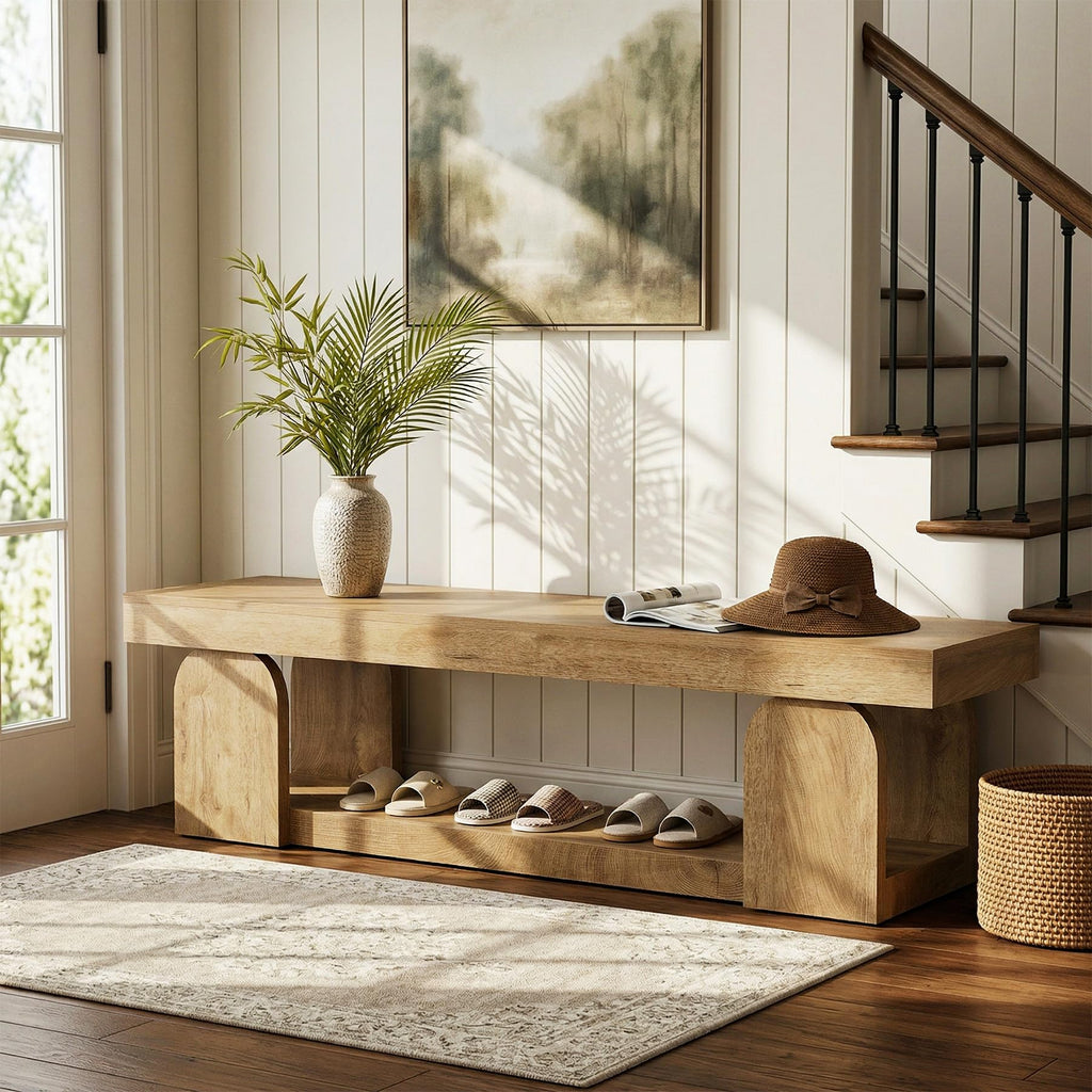 63-Inch Long Entryway Bench, Farmhouse Entry Shoe Bench with Storage Shelf, Wooden Indoor End of Bed Bench Seat