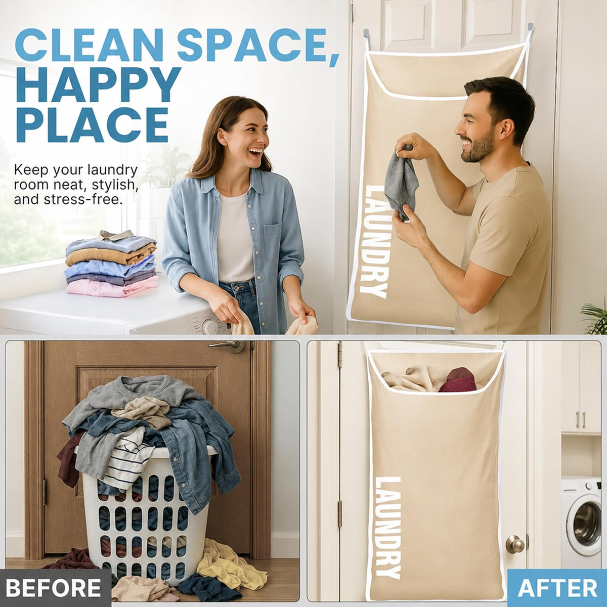 Hanging Laundry Hamper Bag,Space Saving over the Door Storage Bags - Behind the Door Hampers for Dirty Clothes, Wall