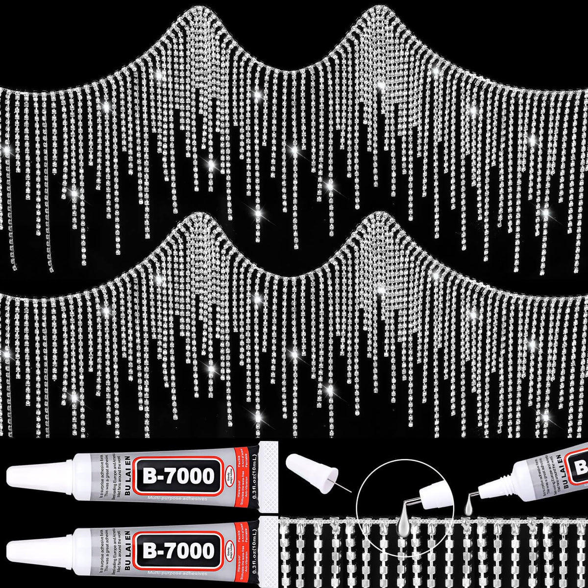 Rhinestone Fringe with Glue, Rhinestone Tassel Trim, Sparkling Silver Diamond Crystal Tassel Fringe Trim Chain