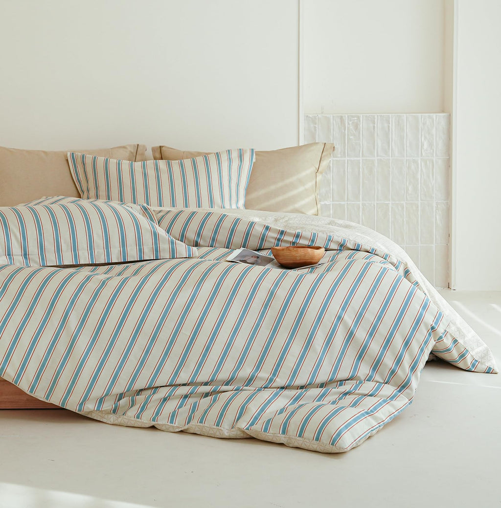 Striped Duvet Cover, 100% Natural Cotton Vintage Beige & Blue Pattern Printed Bedding Set, Soft Breathable