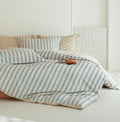 Striped Duvet Cover, 100% Natural Cotton Vintage Beige & Blue Pattern Printed Bedding Set, Soft Breathable