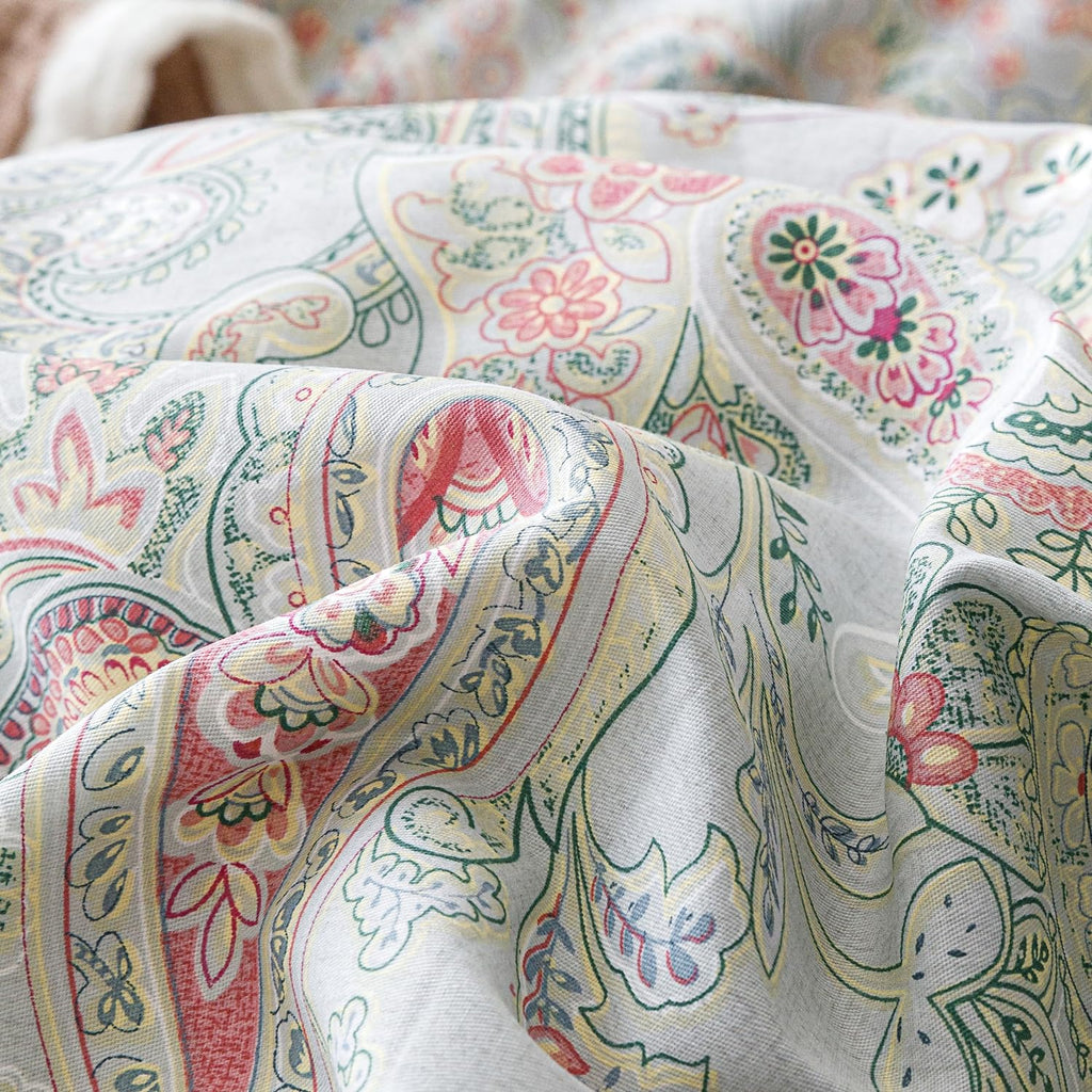 Pink Green Paisley Duvet Cover King 100% Cotton 3 Pieces Set