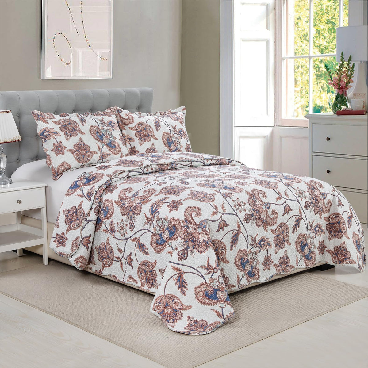 Rich Printed Embossed Pinsonic Coverlet Bedspread Ultra Soft Bedding 3 Piece Summer Quilt Set with 2 Quilted Shams