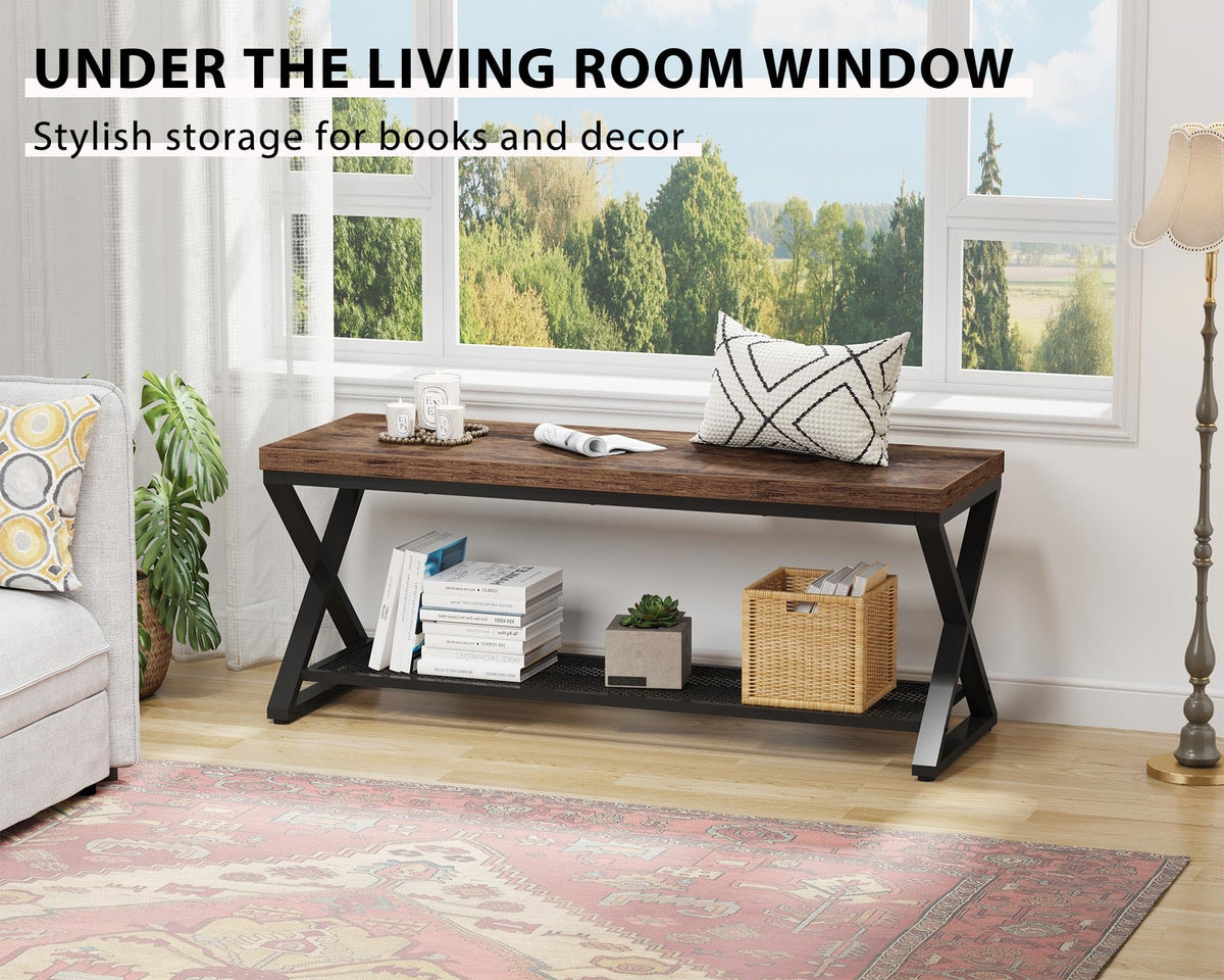 Rustic Brown Entryway Bench, 47" Industrial Shoe Bench with Storage