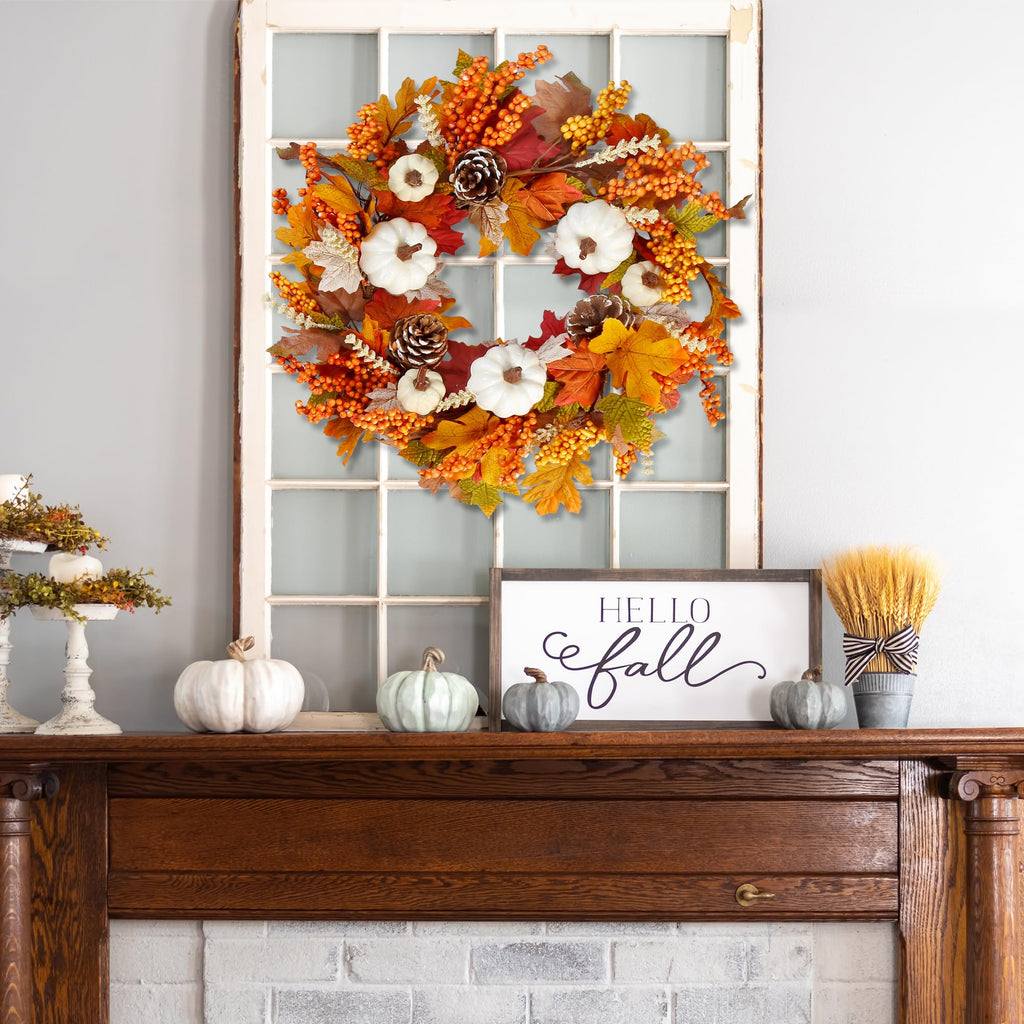 Fall Wreath 20'' Autumn Front Door Wreath Harvest Wreath with White Pumpkins Berries Maple Leaves Pine Cones Grain