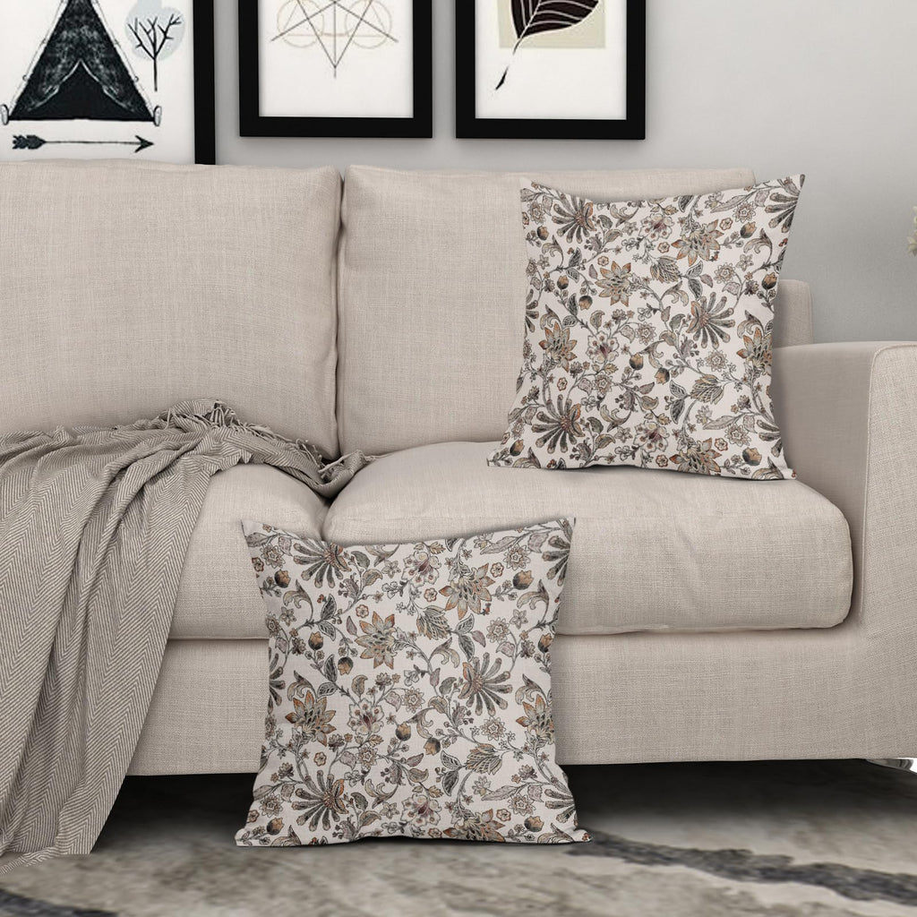Vintage Floral Pillow Covers 20x20 Inch Set of 2, Brown Grey Antique Flower Tapestry Carpet Pattern Block Print