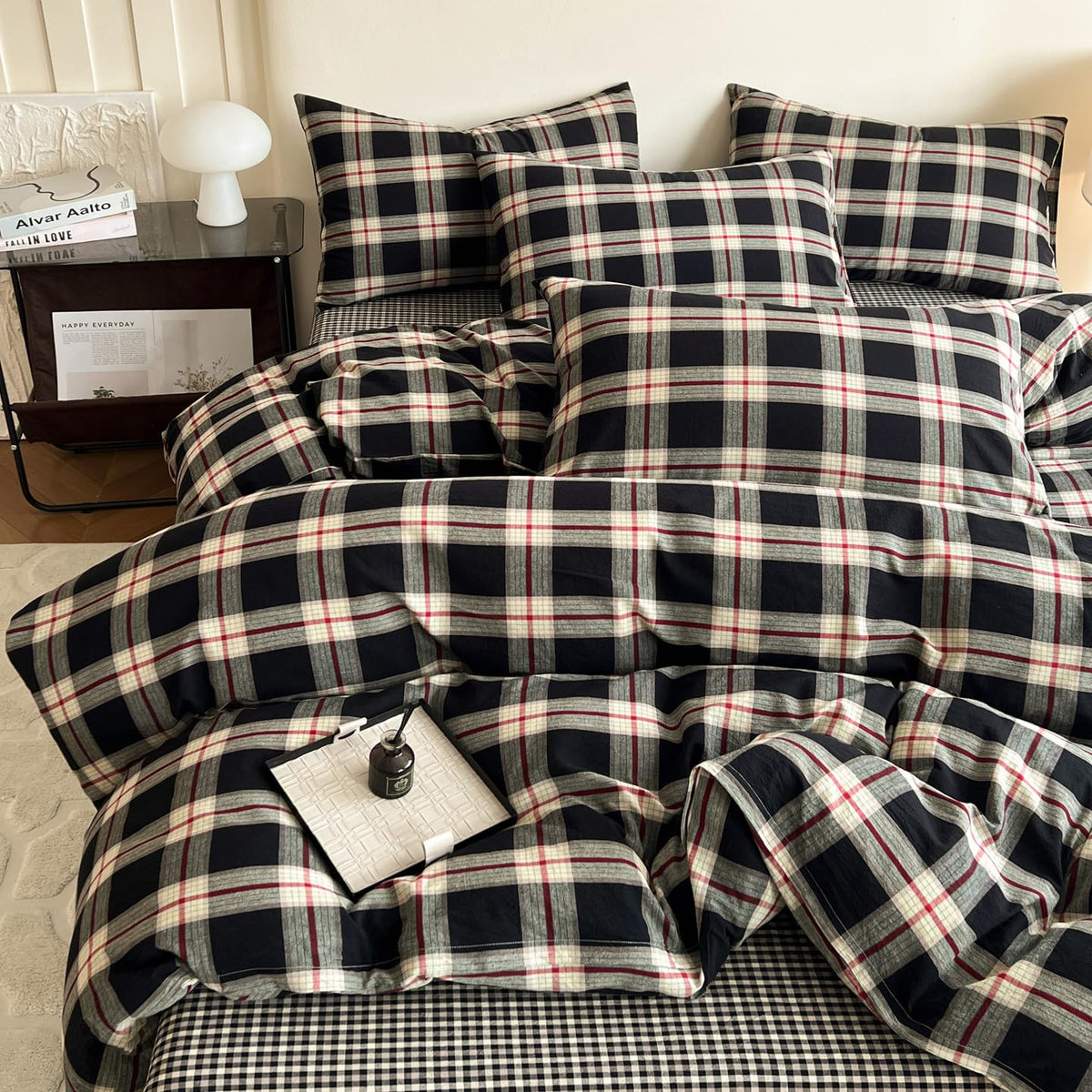 Black Buffalo Plaid Duvet Cover 100% Washed Cotton Green Red Gingham Duvet Cover Vintage Checkered Duvet