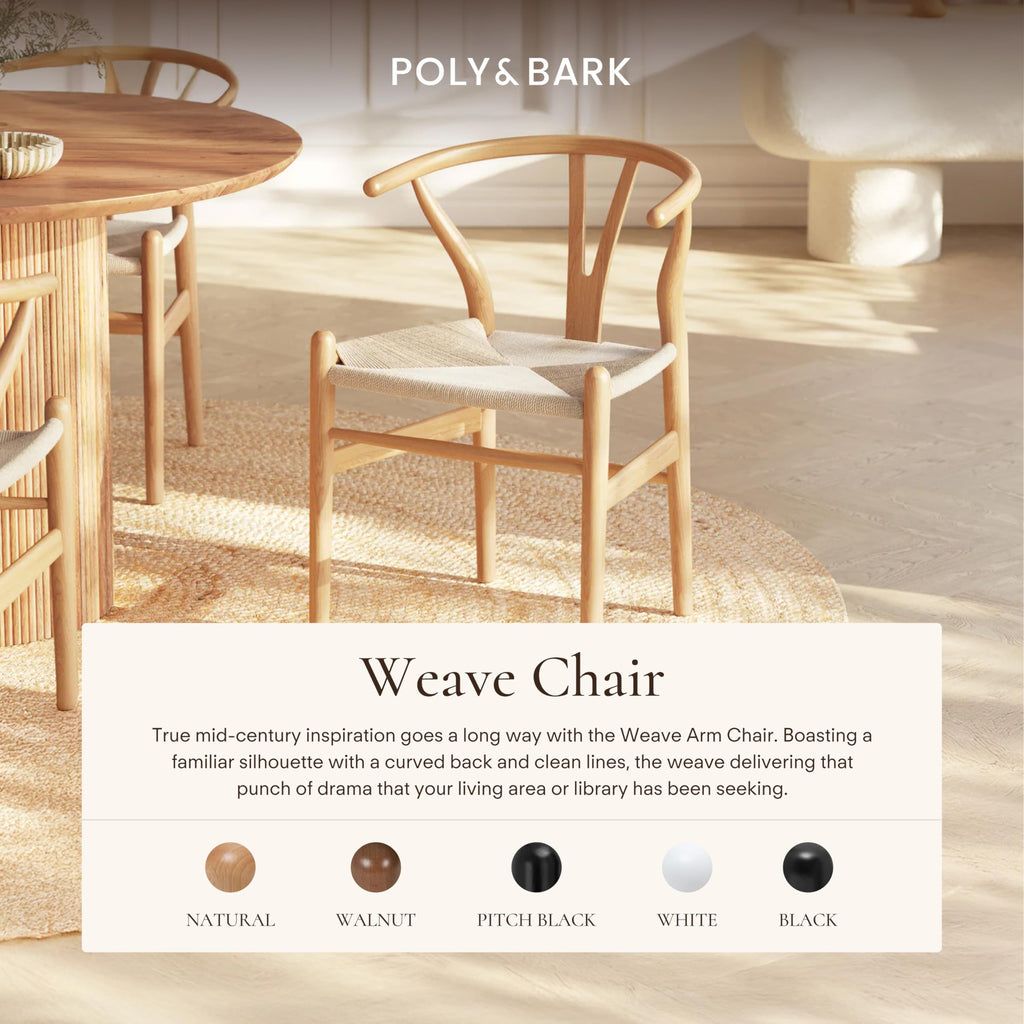 & BARK Weave Dining Chair - Mid-Century Modern Wishbone Dining Chair with Arms, Solid Wood Frame, Indoor Use - Oak
