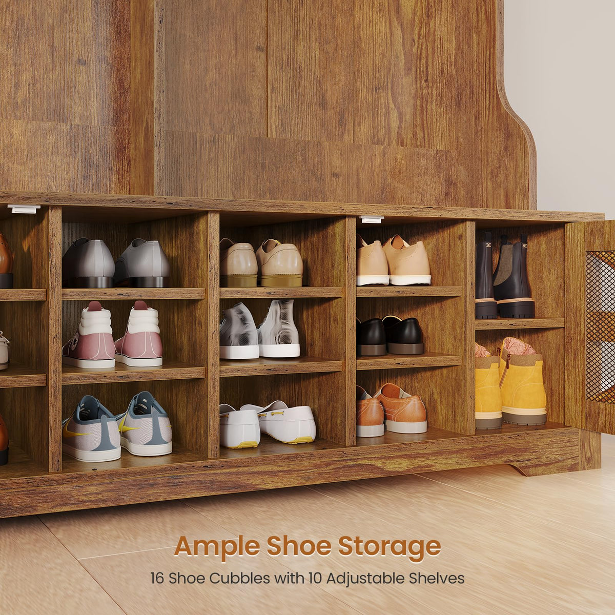 Hall Tree with Bench and Shoe Storage, 5-in-1 Entryway Bench with Coat Rack, 16 Shoe Cubbies & 12 Coat Hooks, Barn