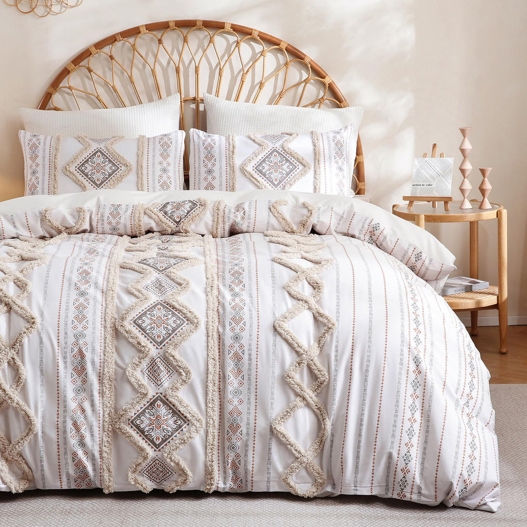 Beige 100% Cotton Boho Duvet Cover Set Queen Size, 3-Piece Tufted Textured Modern Boho Moroccan Bedding, Aztec