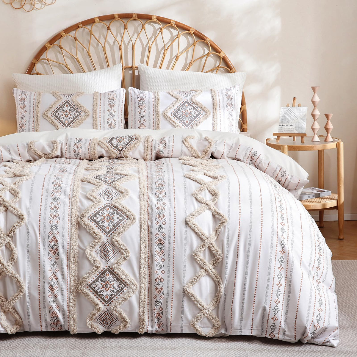 Beige 100% Cotton Boho Duvet Cover Set Queen Size, 3-Piece Tufted Textured Modern Boho Moroccan Bedding, Aztec