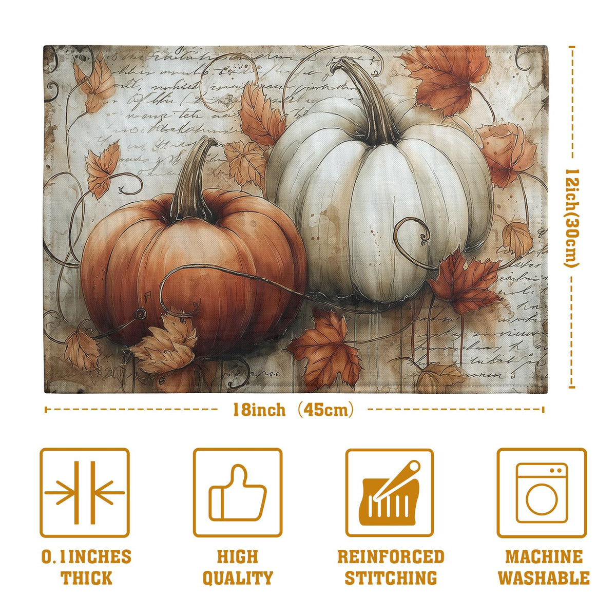 Fall Vintage Pumpkin Leaves Placemats Set of 4 Autumn Thanksgiving Harvest Linen Dinner Place Mats 12x18 Burnt Orange