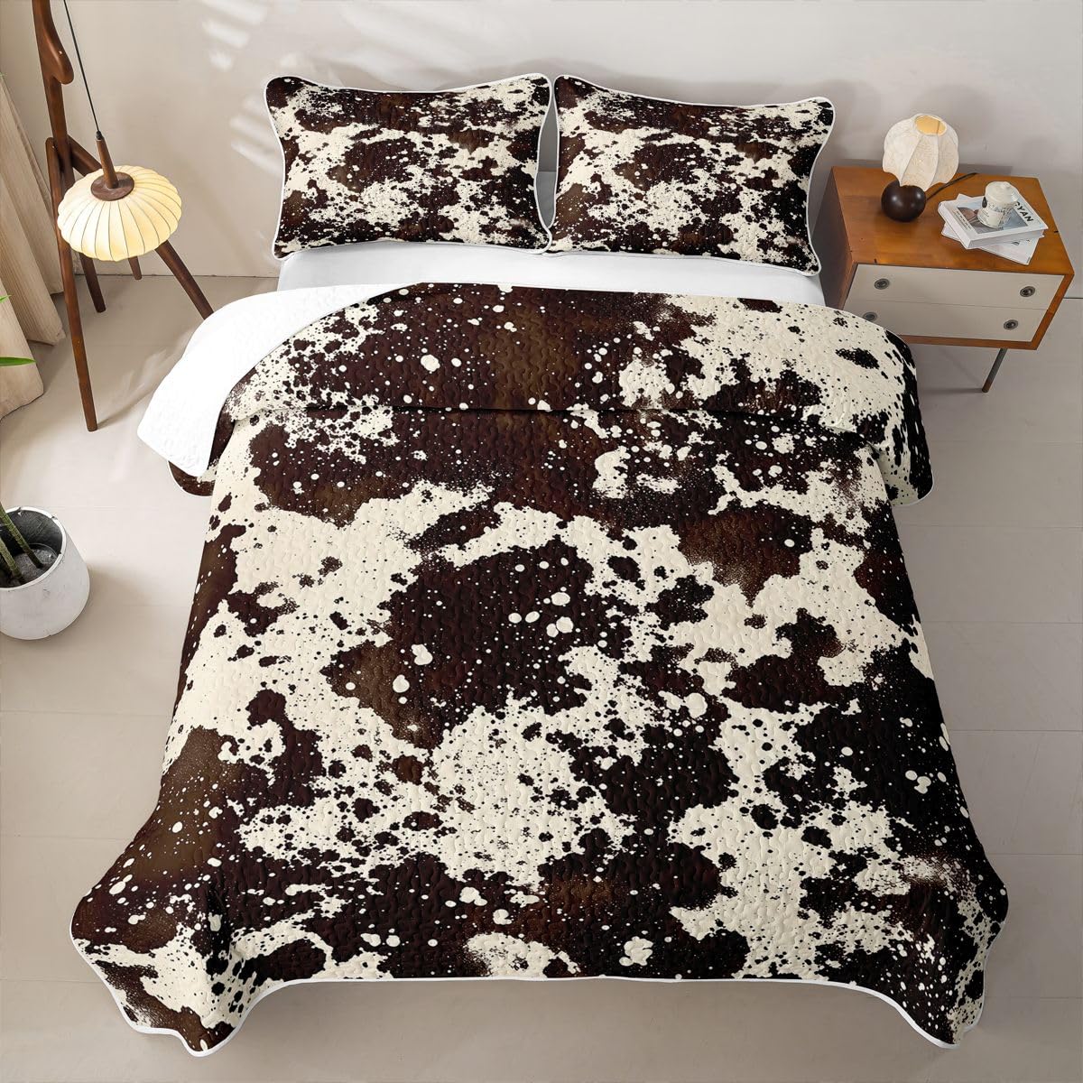Brown Cowhide Print Quilt Bedding Set Simulated Cow Fur Print Lightweight Quilt Set Rustic Farmhouse Coverlet