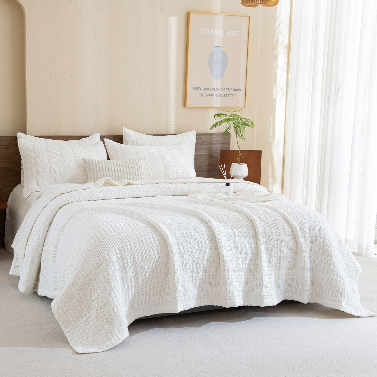Cotton Quilt 110"x98", White Waffle Weave Bedspread, 3 Pieces Lightweight Ultra Soft Farmhouse