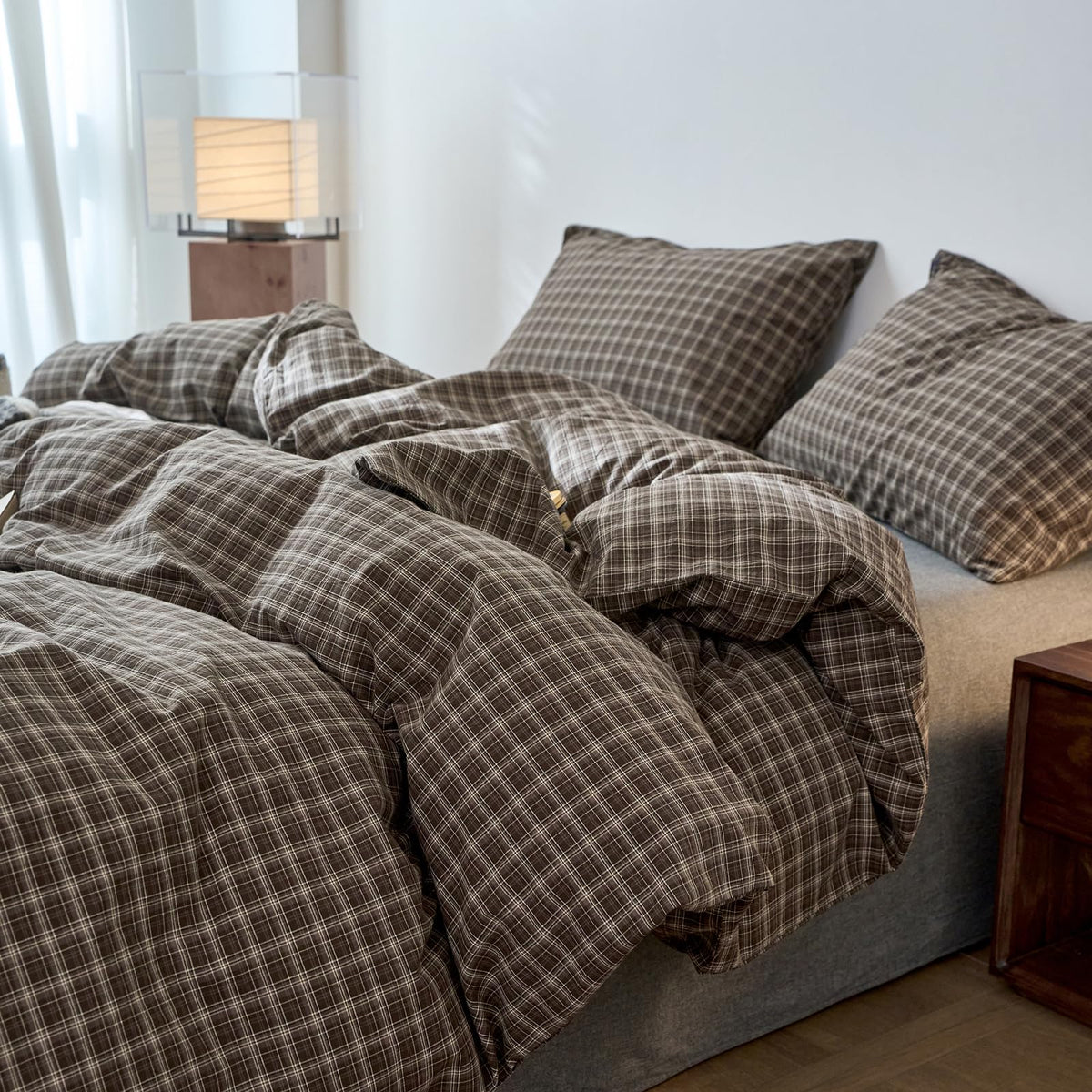 Vintage Buffalo Plaid Duvet Cover Set, 3 Piece Washed Cotton Brown Gingham Duvet Cover with 2 Pillowcases